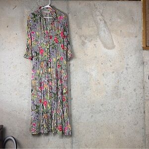 Philosophy, white black striped button up shirt maxi dress floral large 12